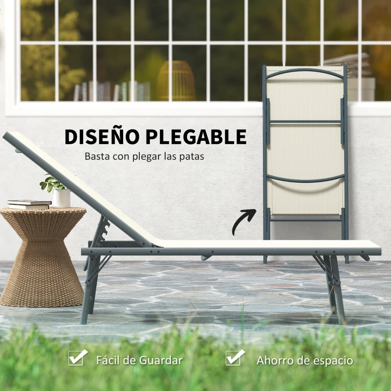 Outsunny Juego de 2 Tumbonas Plegables Reclinables en 5 Posiciones con Estructura Metálica y Asiento de Malla Transpirable Crema