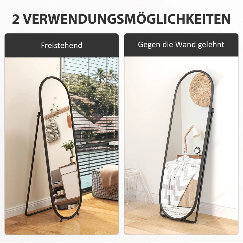 HOMCOM Full-Body Spiegel, Ovale Vorm, Vrijstaand, Metalen Frame, 40x160cm, Zwart