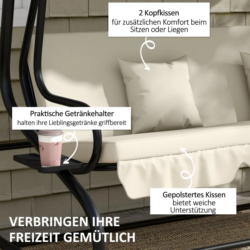 Outsunny 2-in-1 Hollywoodschaukel mit Liegefunktion, verstellbares Dach, bis 340 kg, Stahl, 200x120x164 cm, Cremeweiß(m-7)