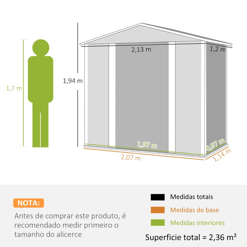 Outsunny Abrigo de Jardim Exterior 2,36m² 213x120x194 cm com Base Reforçada (Piso NÃO Incluído) e Portas de Correr Cinza Escuro