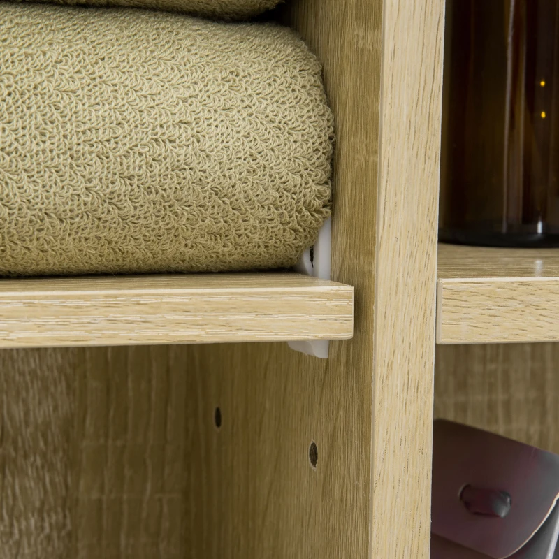 kleankin Armario de Baño de Pared con Espejo Estantes Ajustables y Toallero Diseño Compacto para Lavabo o WC 60x15x70 cm Roble