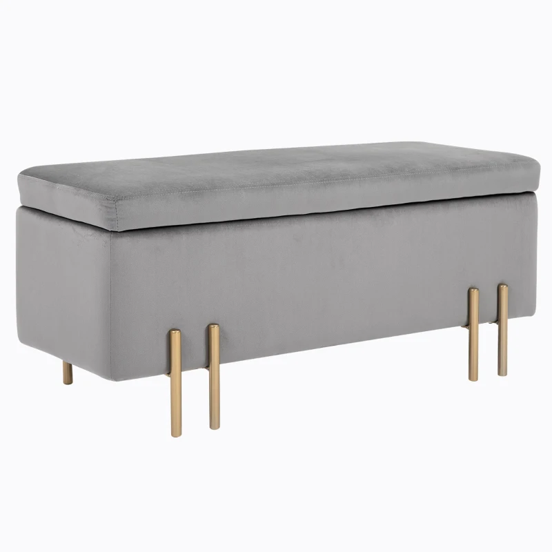 HOMCOM Banc de rangement coffre de rangement design contemporain- banc avec espace de stockage - dim. 100L x 40l x 42H cm - velours gris clair piètement métal doré