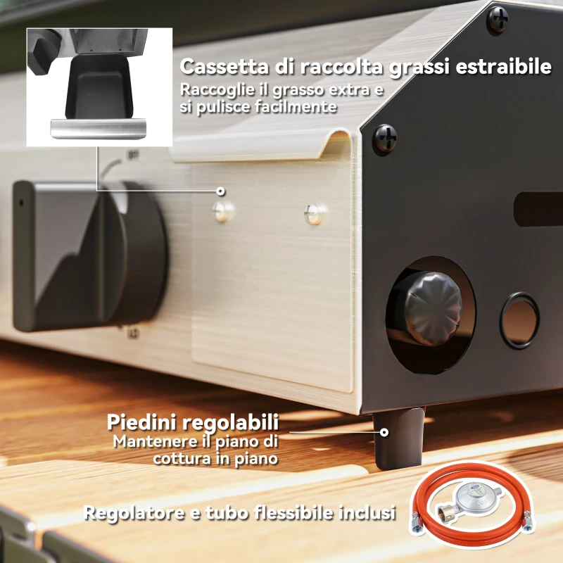 Outsunny Piastra Barbecue a Gas con 4 Bruciatori da 2.4kw e Piano Antiaderente, 77x44.5x19cm, Argento