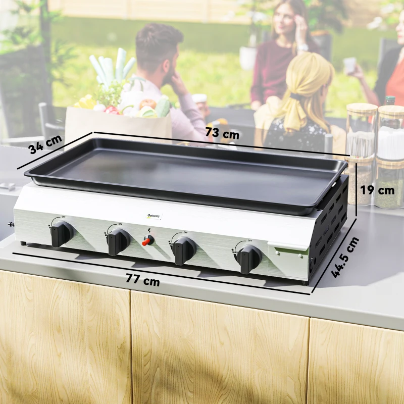 Outsunny Piastra Barbecue a Gas con 4 Bruciatori da 2.4kw e Piano Antiaderente, 77x44.5x19cm, Argento
