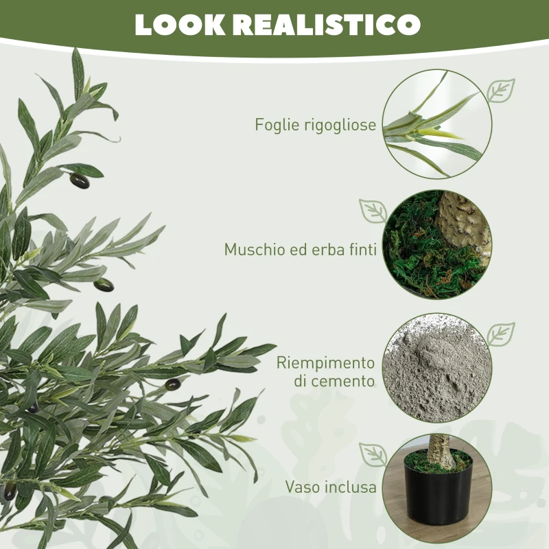 HOMCOM Pianta Artificiale di Olivo Alta 120 cm, Albero Finto con 450 Foglie e 20 Olive, Vaso Incluso