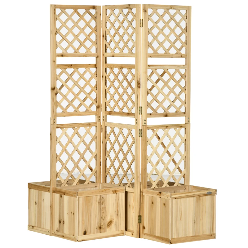 Outsunny Paravent, Sichtschutz für Garten, dreifach klappbar, 4 Blumenkästen, Massivholz, Naturfarbe, 133 x 62 x 165 cm