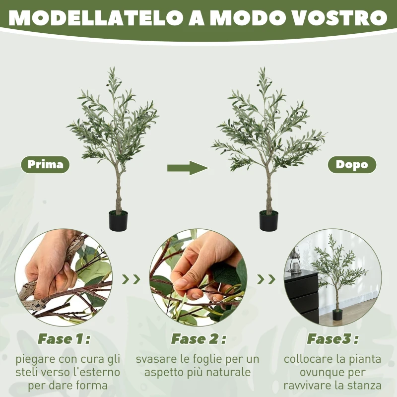 HOMCOM Pianta Artificiale di Olivo Alta 120 cm, Albero Finto con 450 Foglie e 20 Olive, Vaso Incluso