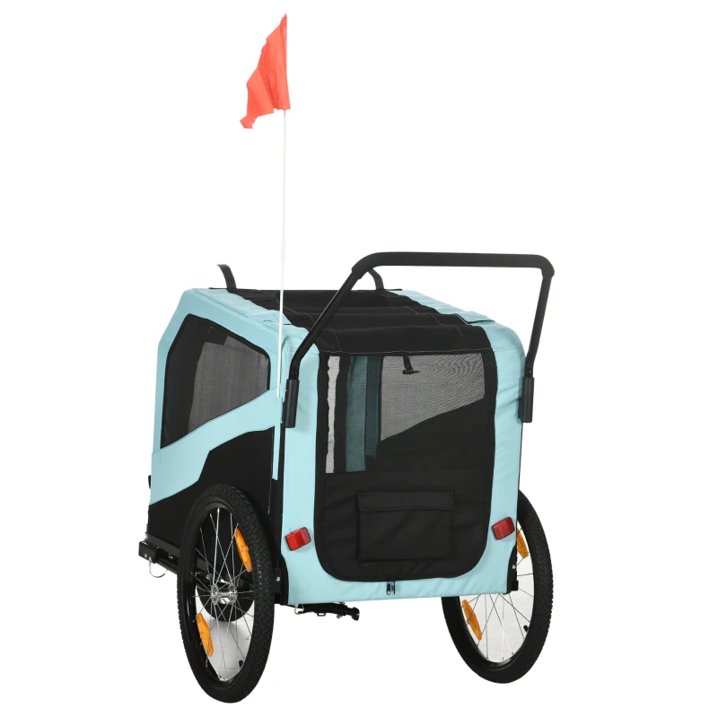 PawHut 2-in-1 Hundeanhänger Hundewagen Fahrradanhänger bis 30kg klappbar Schiebefunktion 2 Eingänge Netzfenster Sonnenschutz Stahlrahmen hellblau 170 x 77 x 90 cm