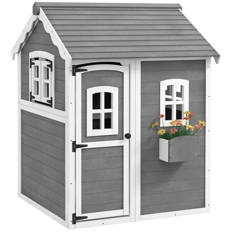 Outsunny Spielhaus für Kinder, Indoor- und Outdoor-Haus mit Tür, Fenstern und Pflanzkasten, Tannenholz, Grau(m-10)
