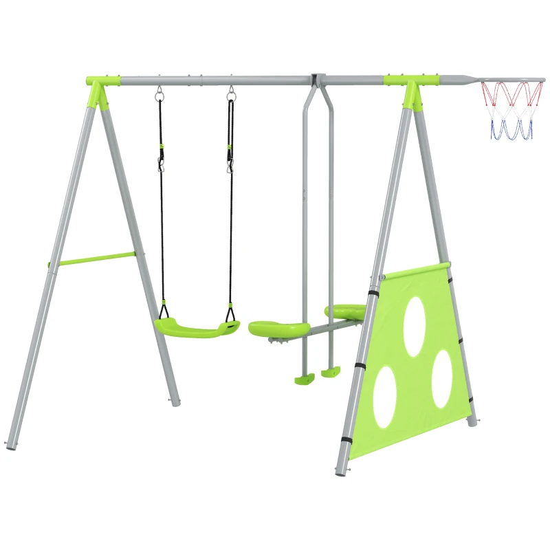 AIYAPLAY Gioco per Bambini 4 in 1 con 2 Altalene da Giardino, Canestro e Porta da Calcio, 215x180x182 cm, Verde e Grigio
