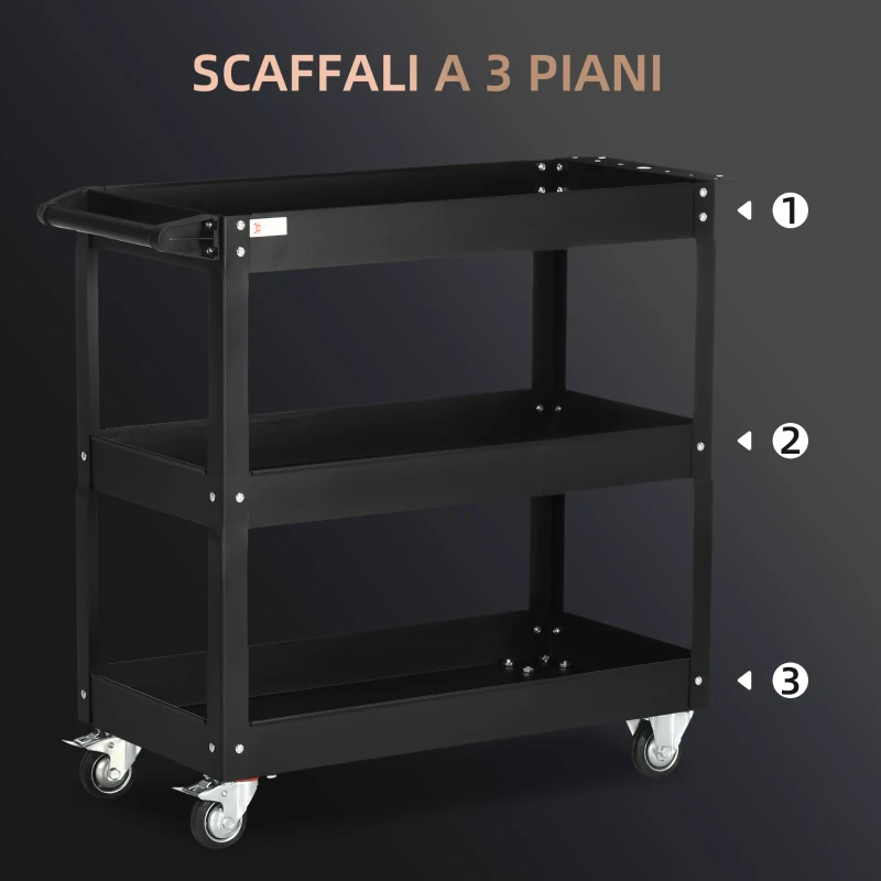 DURHAND Carrello Porta Attrezzi a 3 Livelli in Acciaio con Bordi Alti e 4 Ruote Girevoli, 83x35.3x76 cm, Nero