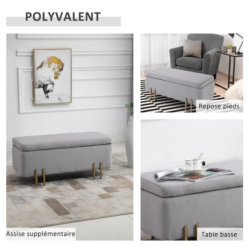 HOMCOM Banc de rangement coffre de rangement design contemporain- banc avec espace de stockage - dim. 100L x 40l x 42H cm - velours gris clair piètement métal doré
