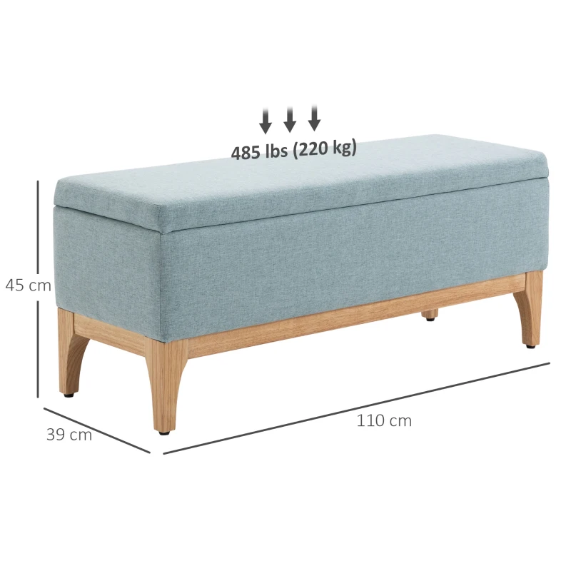 HOMCOM Banco Pé de Cama com Arrumação 72L Estofado em Linho com Pés de Madeira e Almofadas Ajustáveis  110x39x45 cm Cinzento Azulado