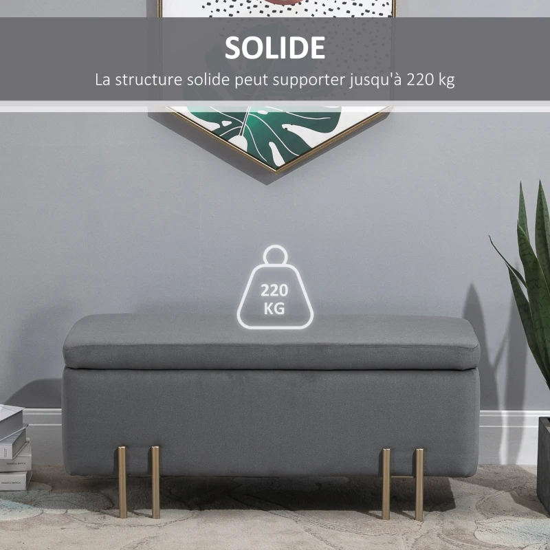 HOMCOM Banc de rangement coffre de rangement design contemporain- banc avec espace de stockage - dim. 100L x 40l x 42H cm - velours gris foncé piètement métal doré