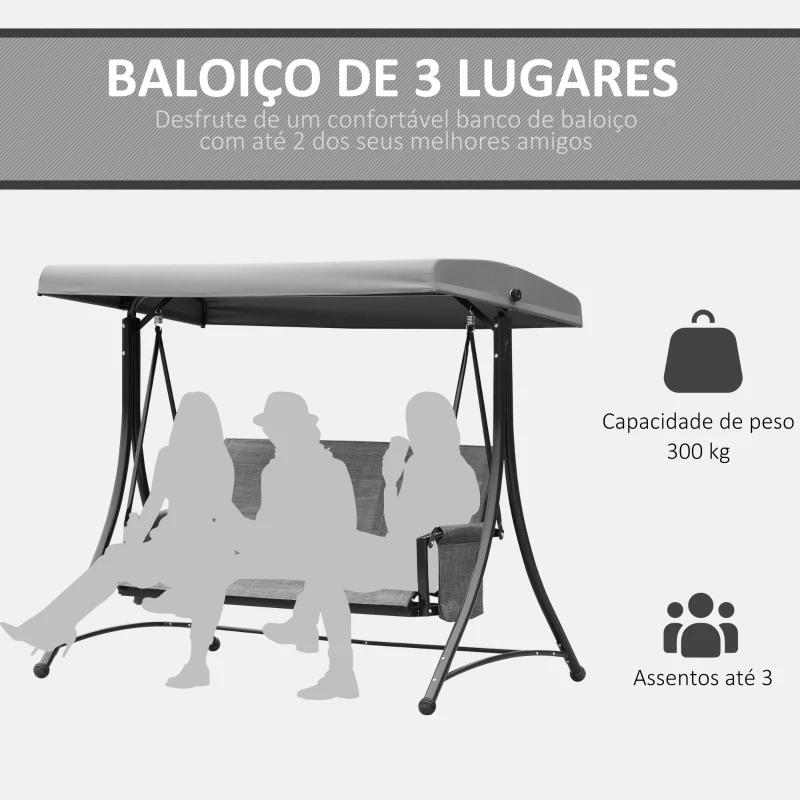 Outsunny Baloiço de 3 Lugares para Jardim ou Varanda com Toldo Ajustável e Bolsos Laterais 196x128x172 cm Cinzento Escuro