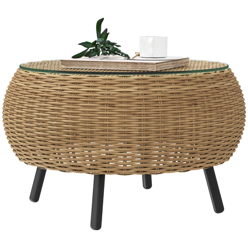 Outsunny Polyrattan Bijzettafel met Glazen Tafelblad Ø75 x 42 cm - Bruin