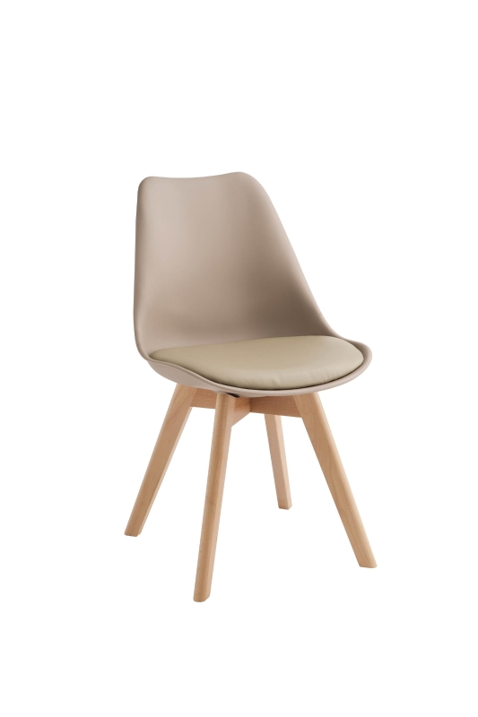 E-STYLO Set di 4 sedie in polipropilene tortora con seduta imbottita e rivestita in similpelle, gambe in legno di faggio, 48.5cm X 52cm H.82cm