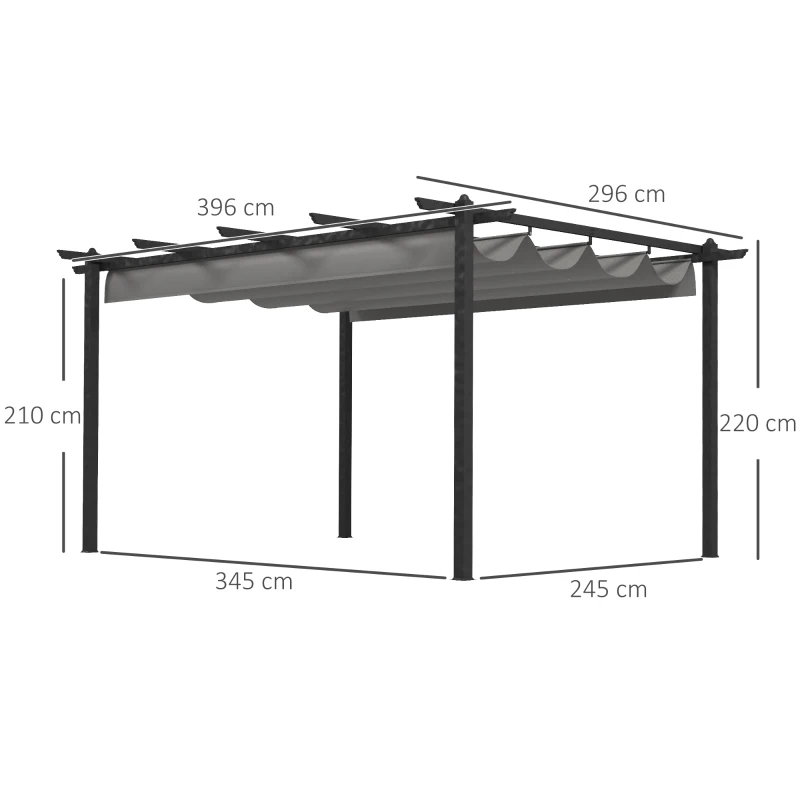 Outsunny Pérgola de Aluminio 4x3 m con Techo Retráctil Tela de Poliéster y 8 Orificios de Drenaje para Jardín Patio Gris