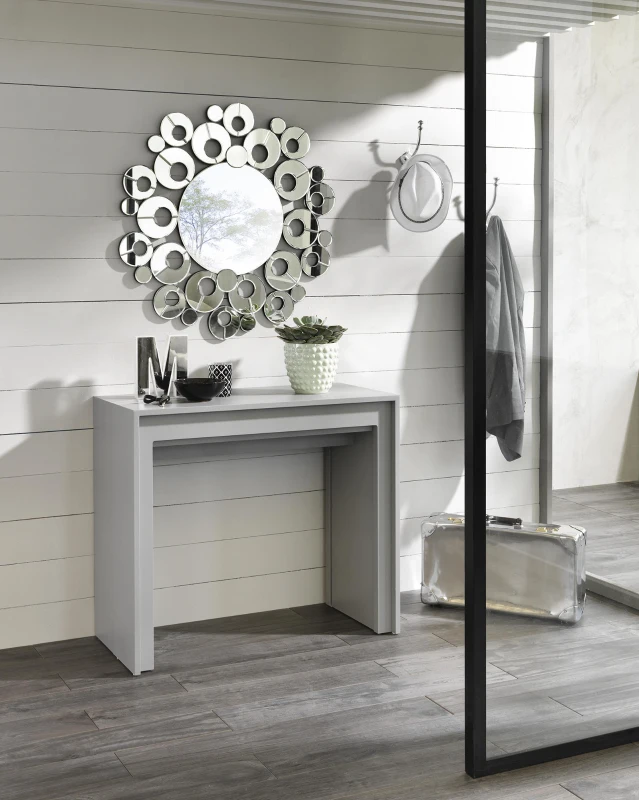 E-STYLO Consolle allungabile con top grigio in MDF laccato antigraffio e gambe grigio in MDF laccato antigraffio, 90cm X 42,5/302,5cm H.76cm