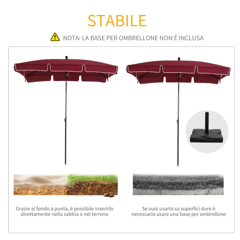 Outsunny Ombrellone da Giardino Rettangolare e Regolabile con Palo in Alluminio, 2x1.3x2.5 m, Rosso Vino