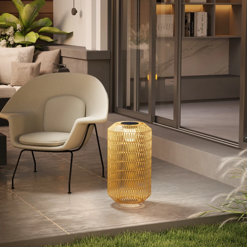 Outsunny Solar Stehlampe Rattan Solarlampen mit Solarpanel LED Solarleuchte im Boho-Stil IP44 Outdoor Ø30 x 55 cm