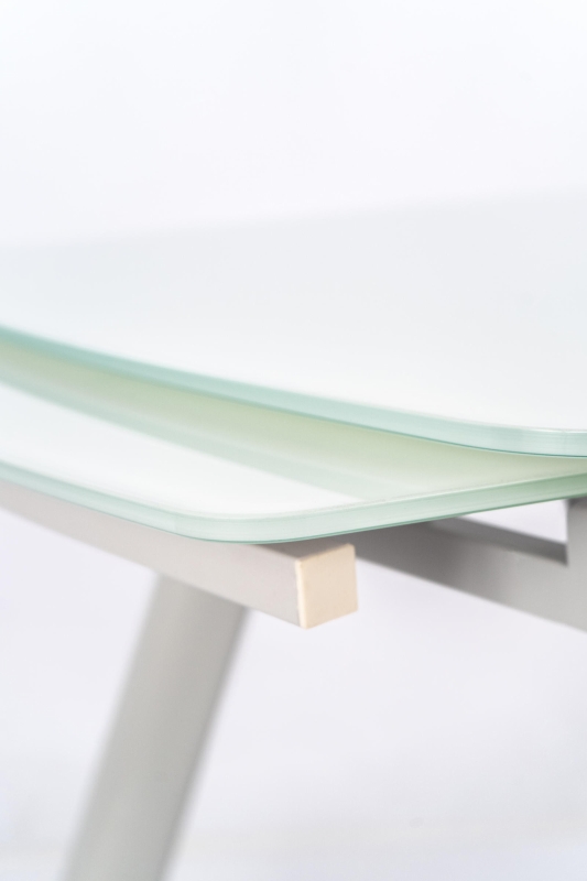 E-STYLO Tavolo allungabile con top in vetro temperato extra white, gambe e struttura in metallo verniciato bianco, 90cm X 140/175/210cm H.76cm