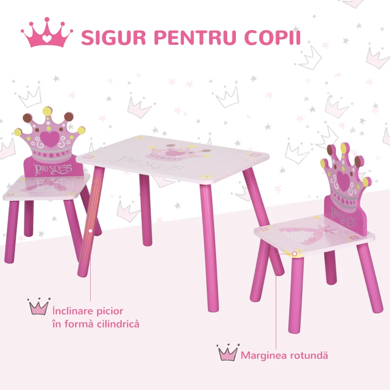 HOMCOM Set Copii – Masa & 2 Scaune Printesa, Varsta 3–8 Ani