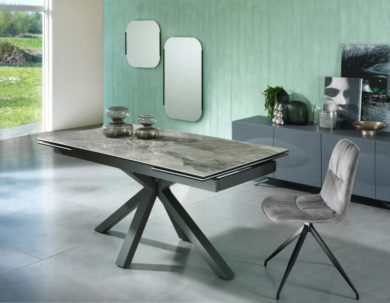 E-STYLO Tavolo allungabile con top in ceramica marmo antracite e vetro temperato, gambe in metallo verniciato antracite, 90cm X 160/240cm H.76cm