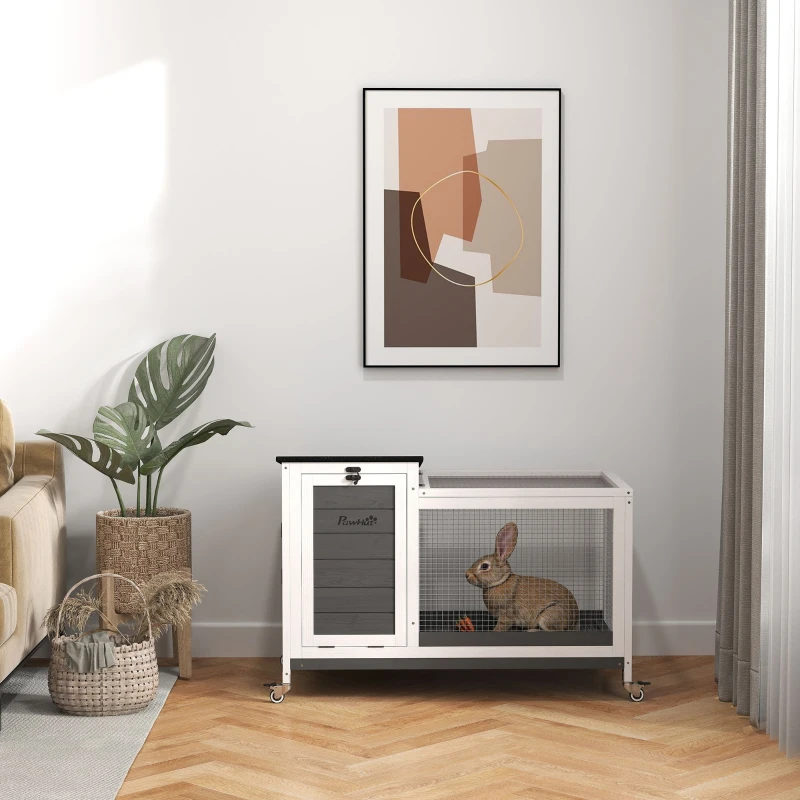 PawHut Kaninchenstall aus Holz Hasenstall mit Freilaufgehege Rädern Klappdach für Innen, draußen 92 x 52 x 67 cm Dunkelgrau(m-8)