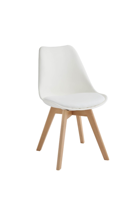 E-STYLO Set di 4 sedie in polipropilene bianca con seduta imbottita e rivestita in similpelle, gambe in legno di faggio, 48.5cm X 52cm H.82cm
