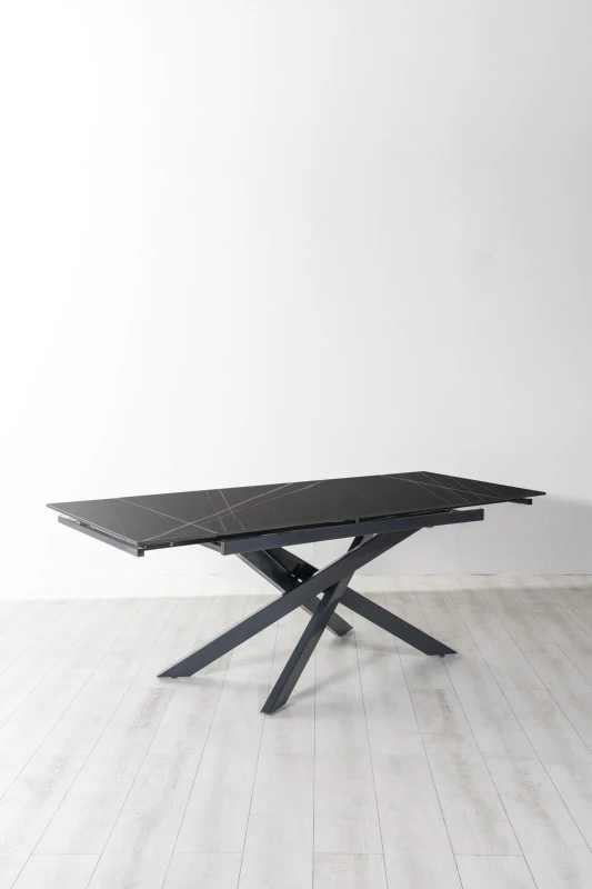 E-STYLO Tavolo allungabile con top in ceramica marmo nero e base in metallo verniciato nero, 80cm X 140/200cm H.76cm
