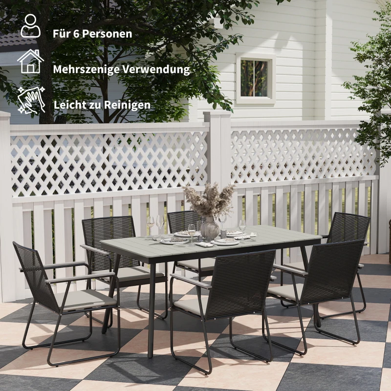 Outsunny Sitzgruppe 7-teilig Metall Essgruppe für 6 Personen Esstisch mit Tisch 6 Stühlen Esszimmergruppe Grau+Schwarz
