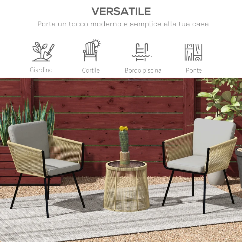Outsunny Set da Esterno con Tavolino in Vetro e 2 Sedie da Giardino in Rattan Stile Boho, Caffè