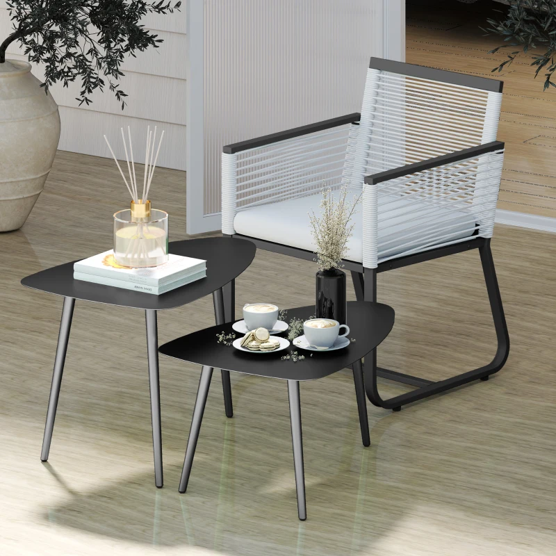 Outsunny Salontafelset, 2-delig, weerbestendige balkontafel van staal, bijzettafel in geometrisch ontwerp, zwart