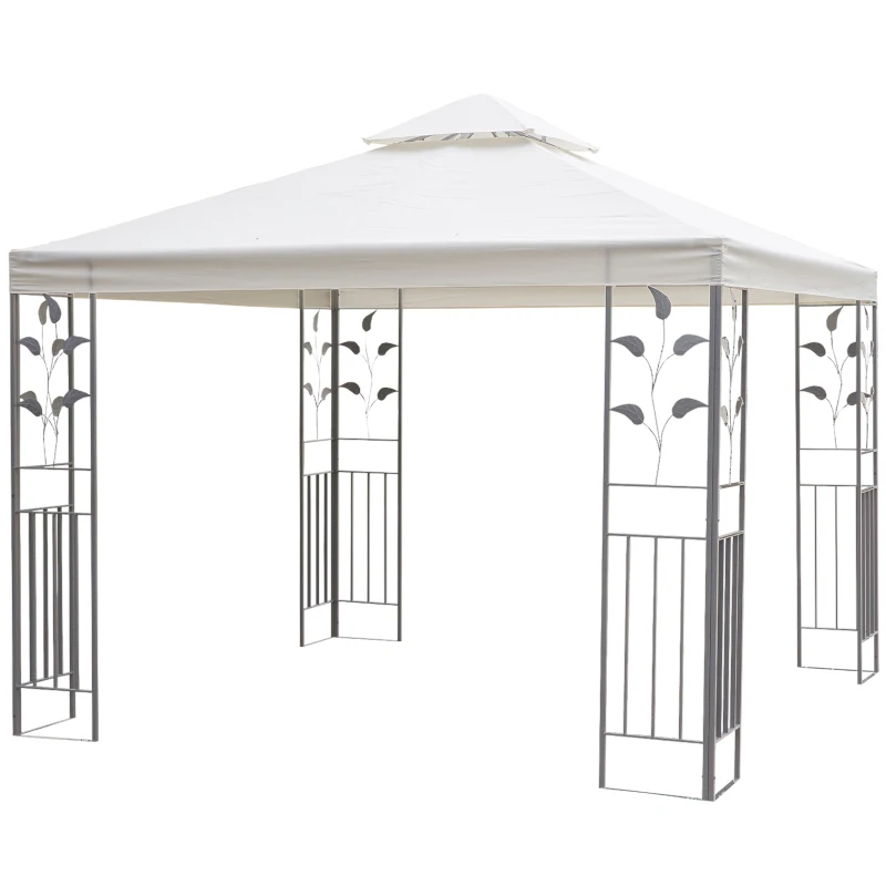 Outsunny 3 x 3m Outdoor Steel Gazebo with 2 Tier Roof, Garden Gazebo Patio Canopy Marquee Shelter with Decorative Steel Frame - Cream
