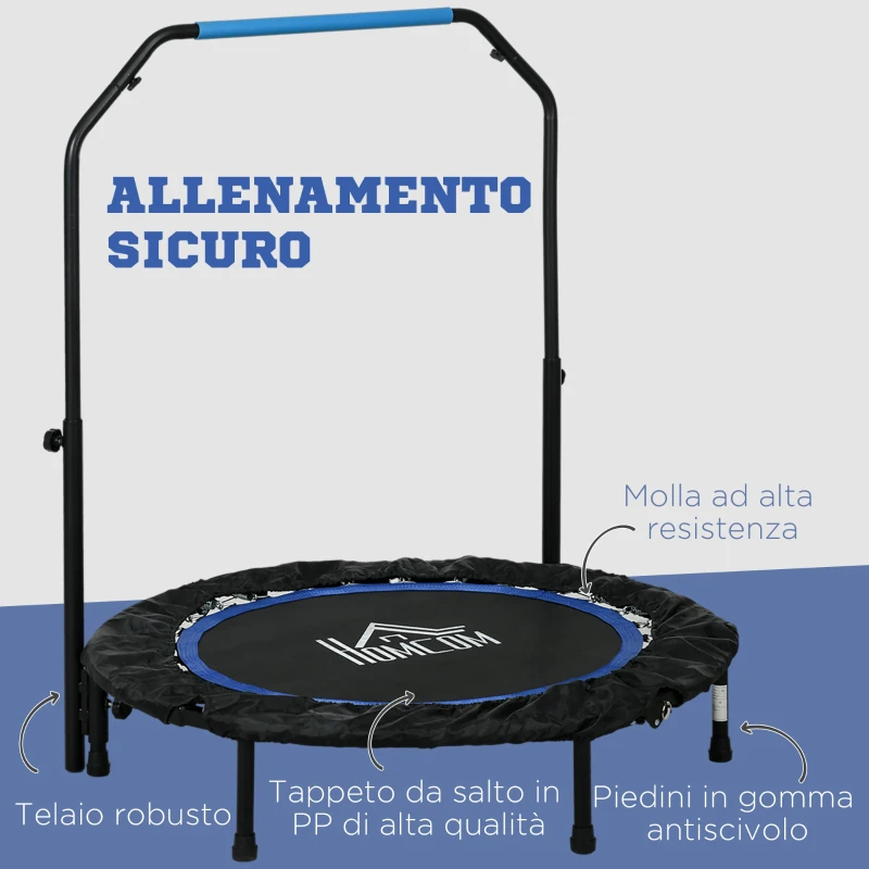 HOMCOM Mini Trampolino Fitness Ø102 cm Pieghevole con Manubrio Regolabile in Altezza, Blu