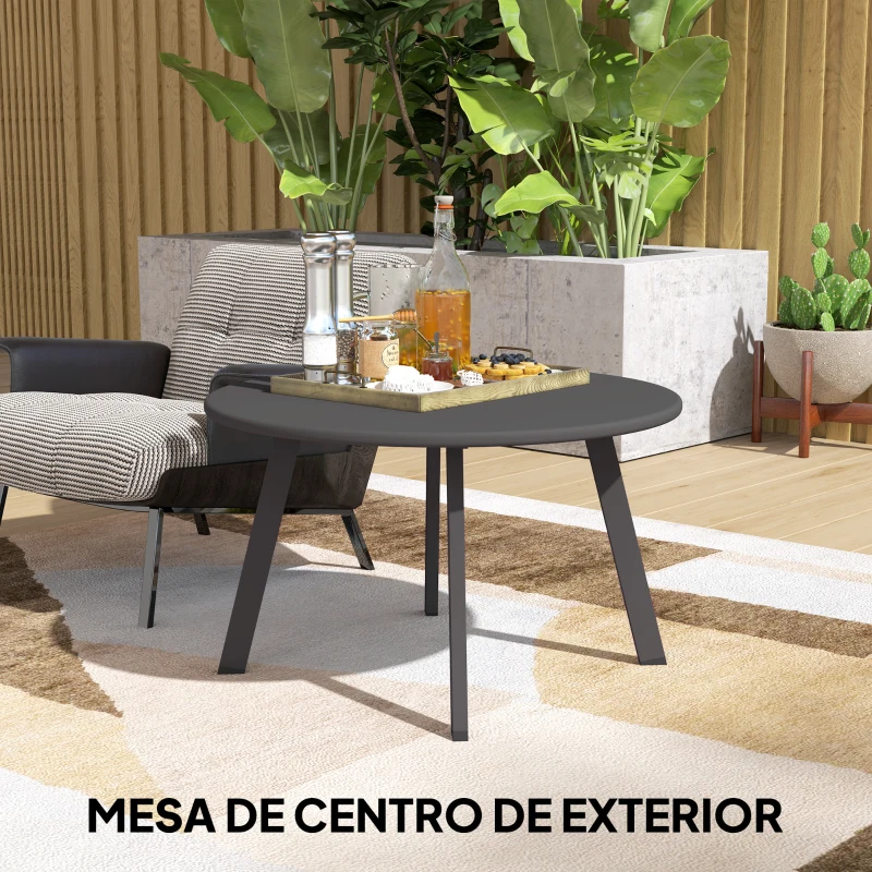 Outsunny Mesa de Centro Redonda de Metal con Patas Antideslizantes y Borde Seguro para Patio Balcón Salón Ø70x42 cm Negro