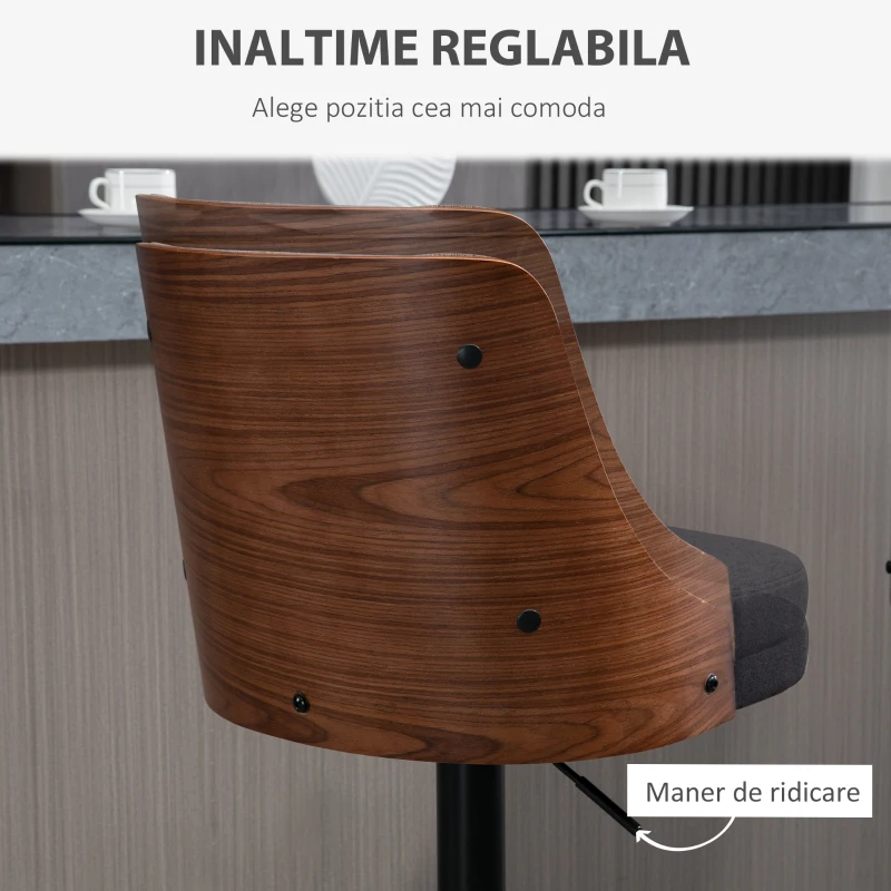 HOMCOM Set de 2 scaune de bar cu inaltime reglabila, scaune de bar pivotante cu inaltime reglabila, cu suport pentru picioare, scaune de bar din tesatura de in, negru(m-5)