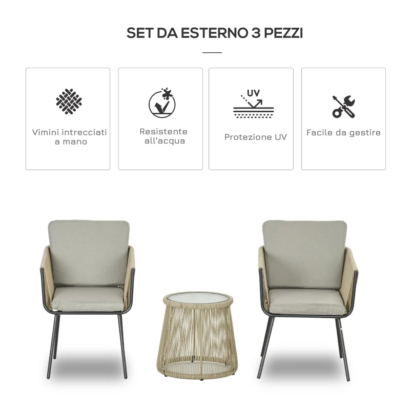 Outsunny Set da Esterno con Tavolino in Vetro e 2 Sedie da Giardino in Rattan Stile Boho, Caffè
