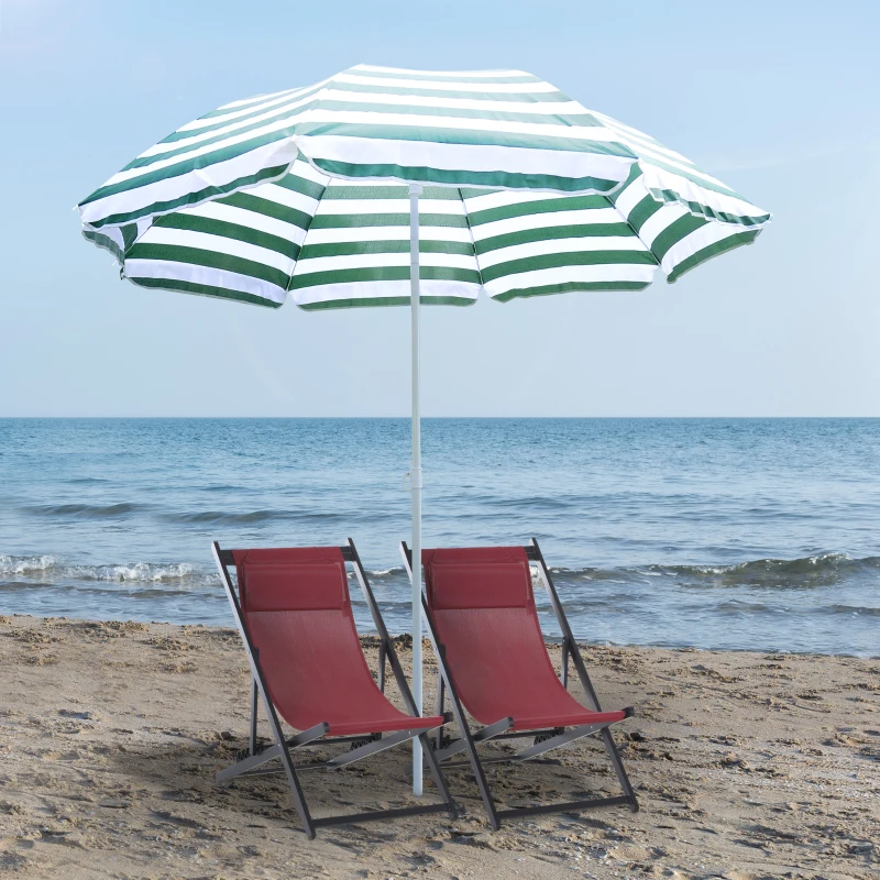 Outsunny Ombrellone da Spiaggia Inclinabile e Rotondo in Metallo e Poliestere, Ø1.8x2 m, Verde e Bianco