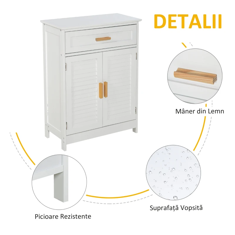 kleankin Dulăpior de Baie Multifuncțional cu Ușă Dublă Articulată și Sertar Organizator Îngust, 59x29x80 cm, Alb(m-5)