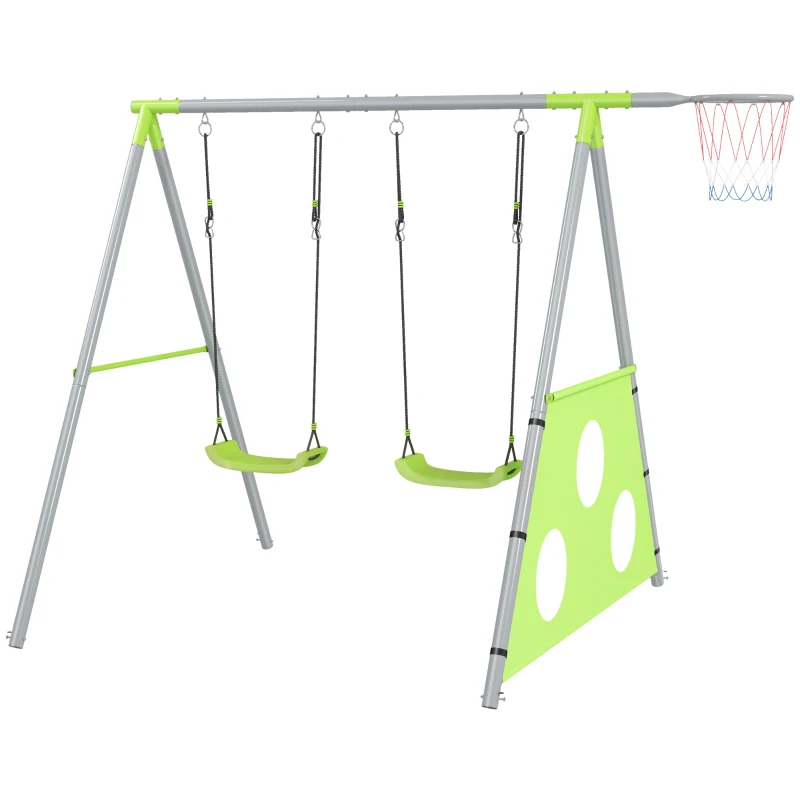 AIYAPLAY Gioco per Bambini 3 in 1 con Altalena da Giardino, Canestro e Porta da Calcio, 238x180x182 cm,, Verde e Grigio