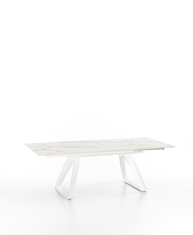 E-STYLO Tavolo allungabile con top marmo calacatta in HPL su MDF e gambe in metallo bianco, 90cm X 170/270cm H. 76cm.