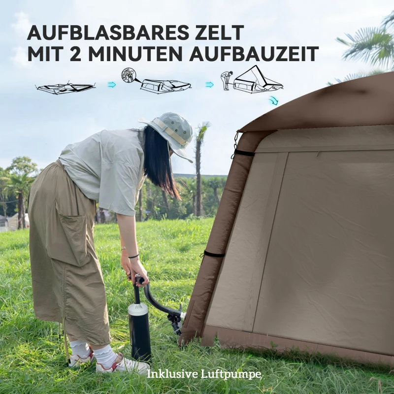 Outsunny Opblaasbare Campingtent voor 1-2 Personen Outdoor Familie Tent met Haak, Luchtpomp, Vensters en Deuren voor 4 Seizoenen