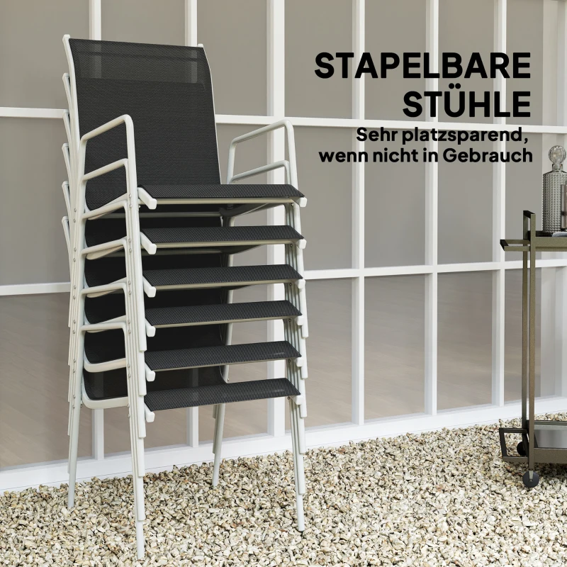 Outsunny Sitzgruppe 7-teilig Essgruppe für 6 Personen Esstisch mit 6 stapelbar Stühlen Glastisch Schwarz