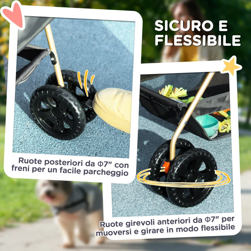 PawHut Passeggino per Cani 3 in 1 Pieghevole con Borsa Trasportino e Cestino Inferiore, Grigio