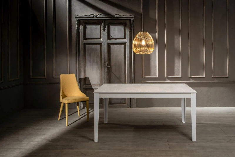 E-STYLO Tavolo allungabile con top cemento bianco in melaminico e base in metallo bianco, 90cm X 156/316cm H.76cm