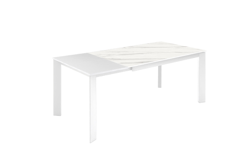 E-STYLO Tavolo allungabile con top in ceramica marmo bianco e base in metallo bianco, 90cm X 140/190cm H.76cm