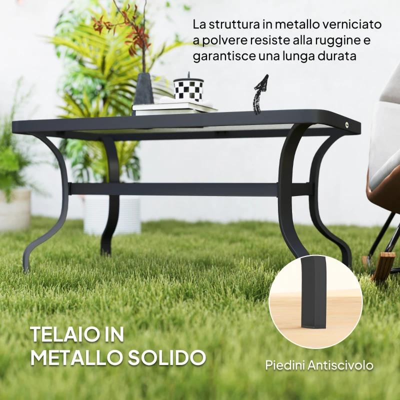 Outsunny Tavolino da Esterno Rettangolare in Metallo Nero con Piano in Vetro Temperato, 95x55x46 cm