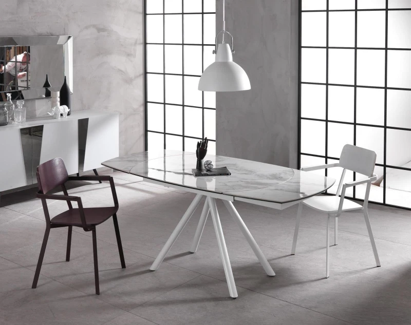 E-STYLO Tavolo allungabile con top marmo bianco in ceramica su vetro temperato gambe in metallo bianco, 90cm X 120/180cm H.76cm